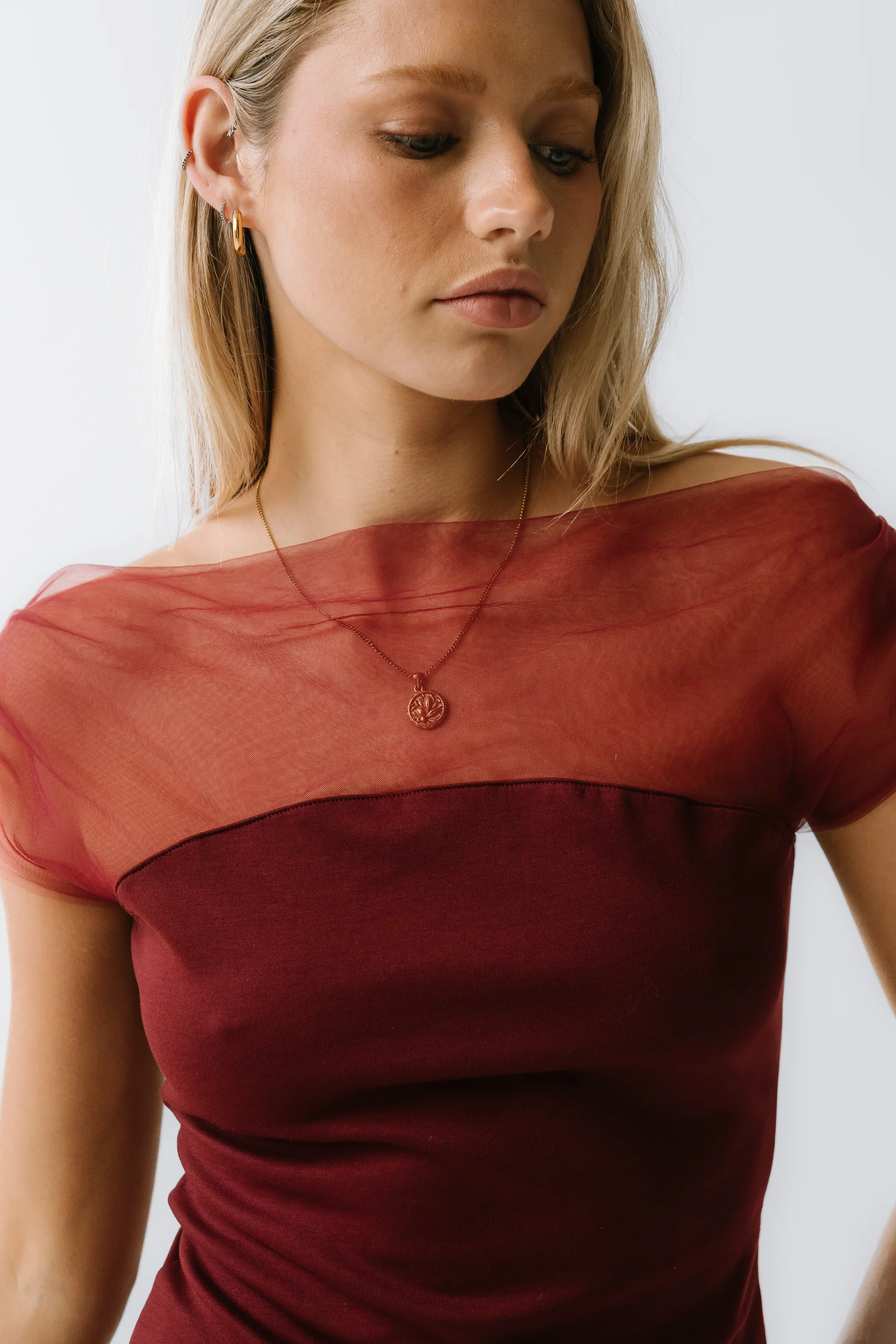 Tracy Mixed Media Top in Burgundy - Image 2