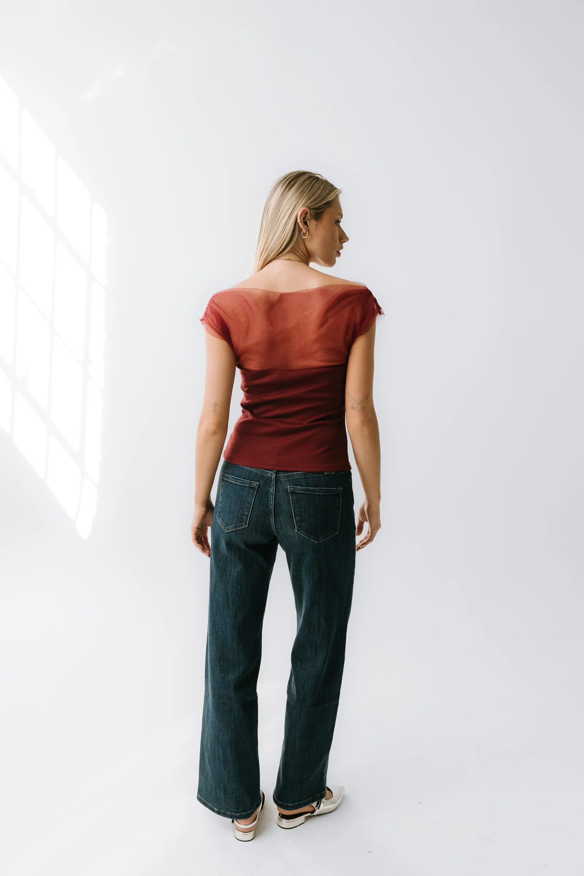Tracy Mixed Media Top in Burgundy - Image 3