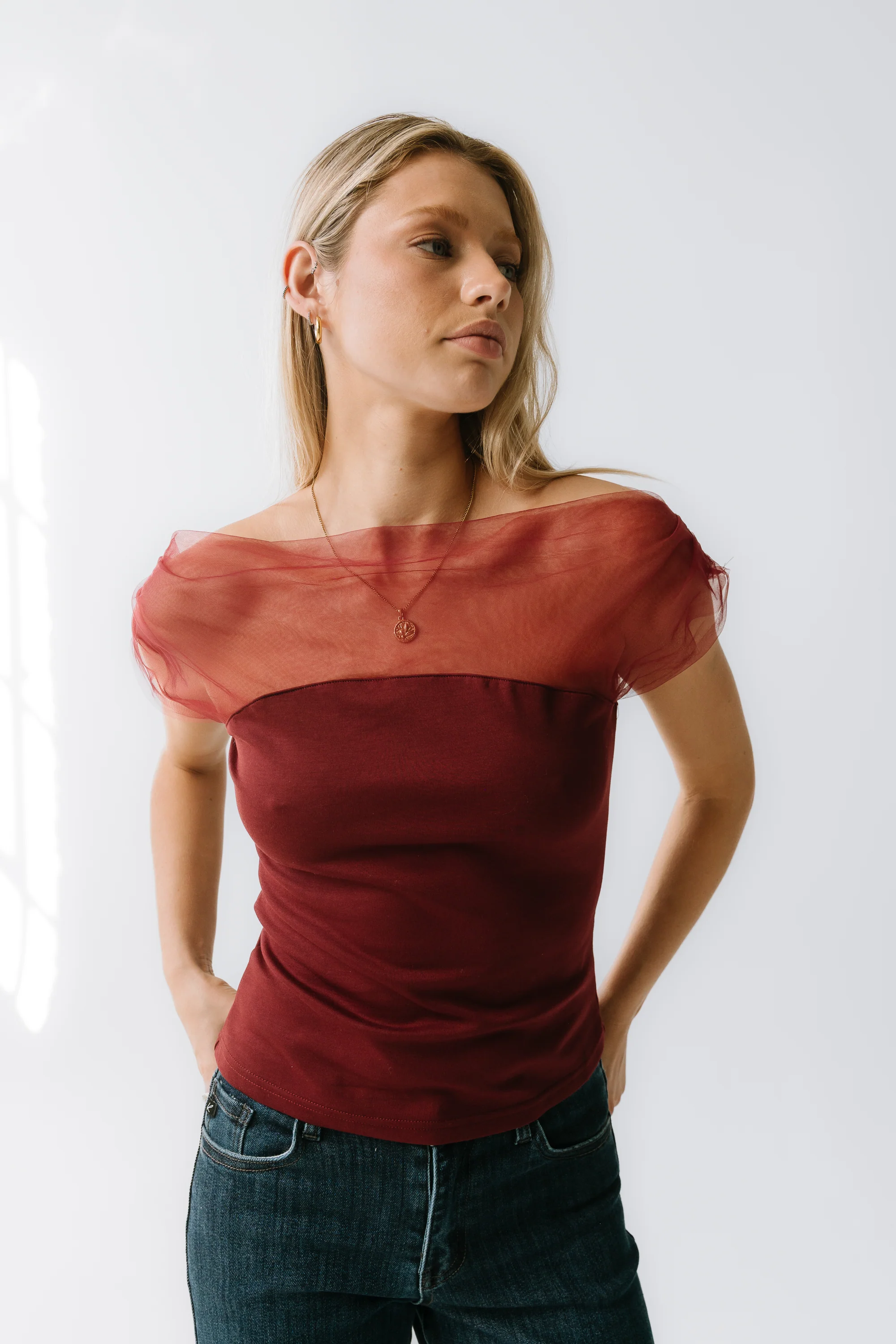 Tracy Mixed Media Top in Burgundy - Image 5