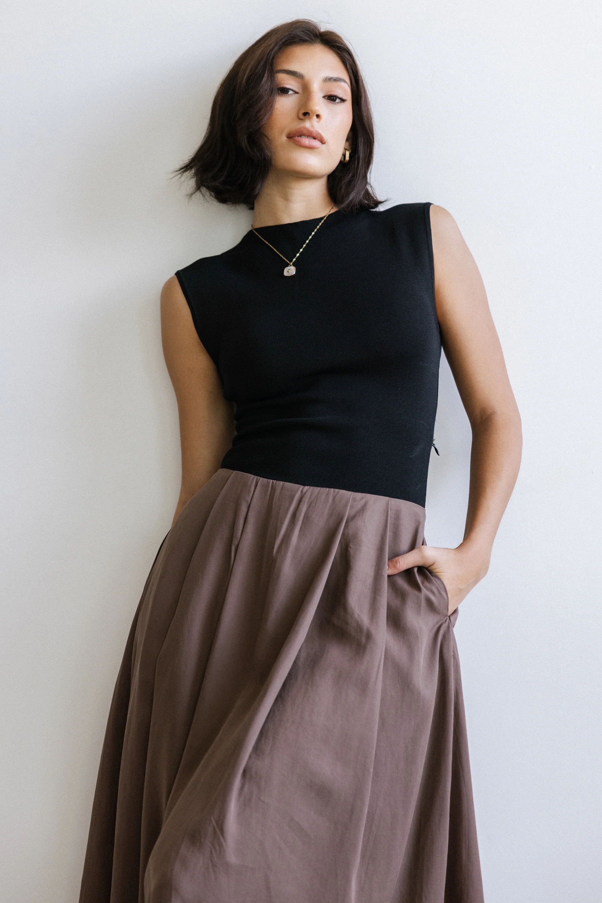 Tristan Mixed Media Midi Dress in Brown - Image 2
