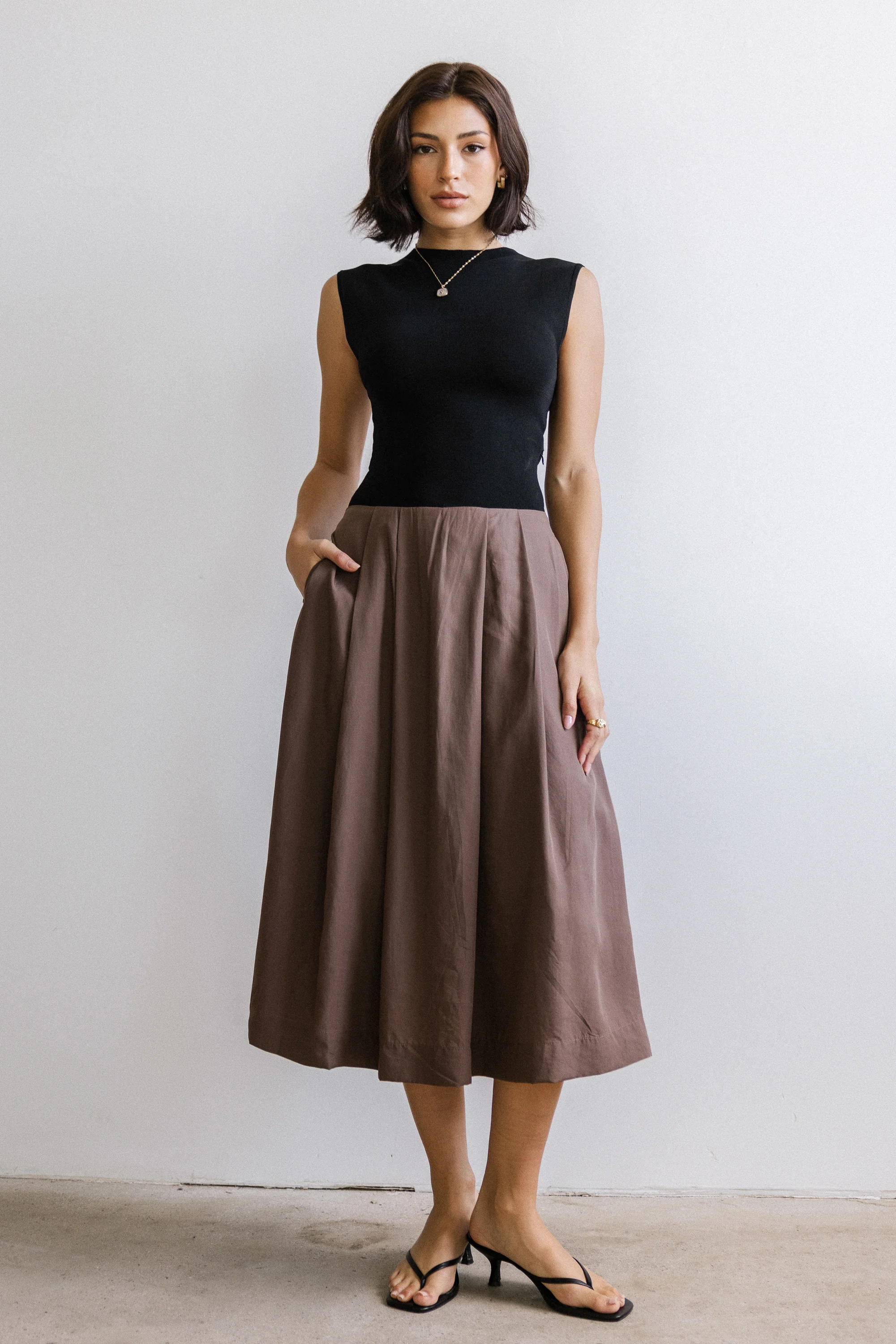 Tristan Mixed Media Midi Dress in Brown - Image 5