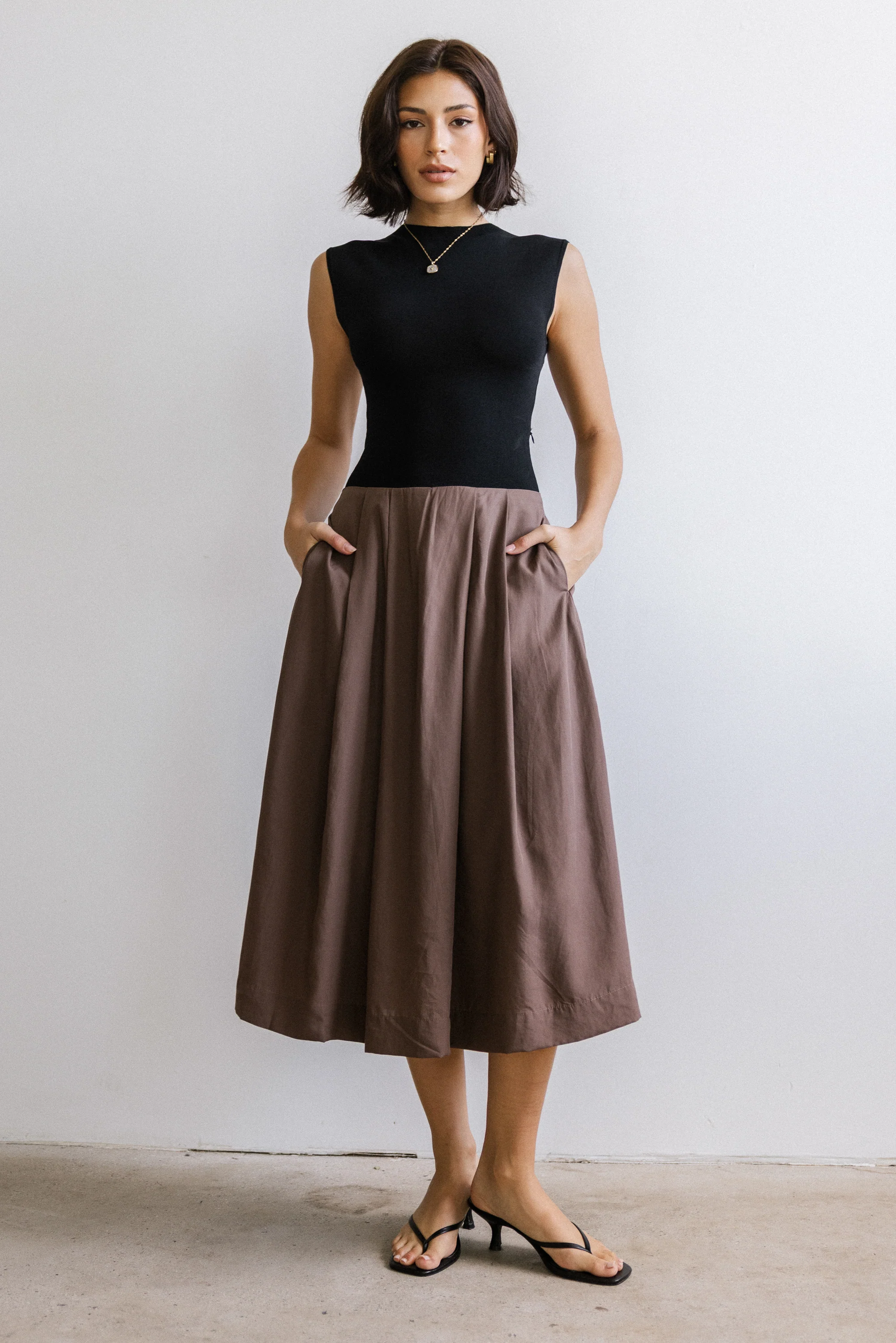 Tristan Mixed Media Midi Dress in Brown - Image 6
