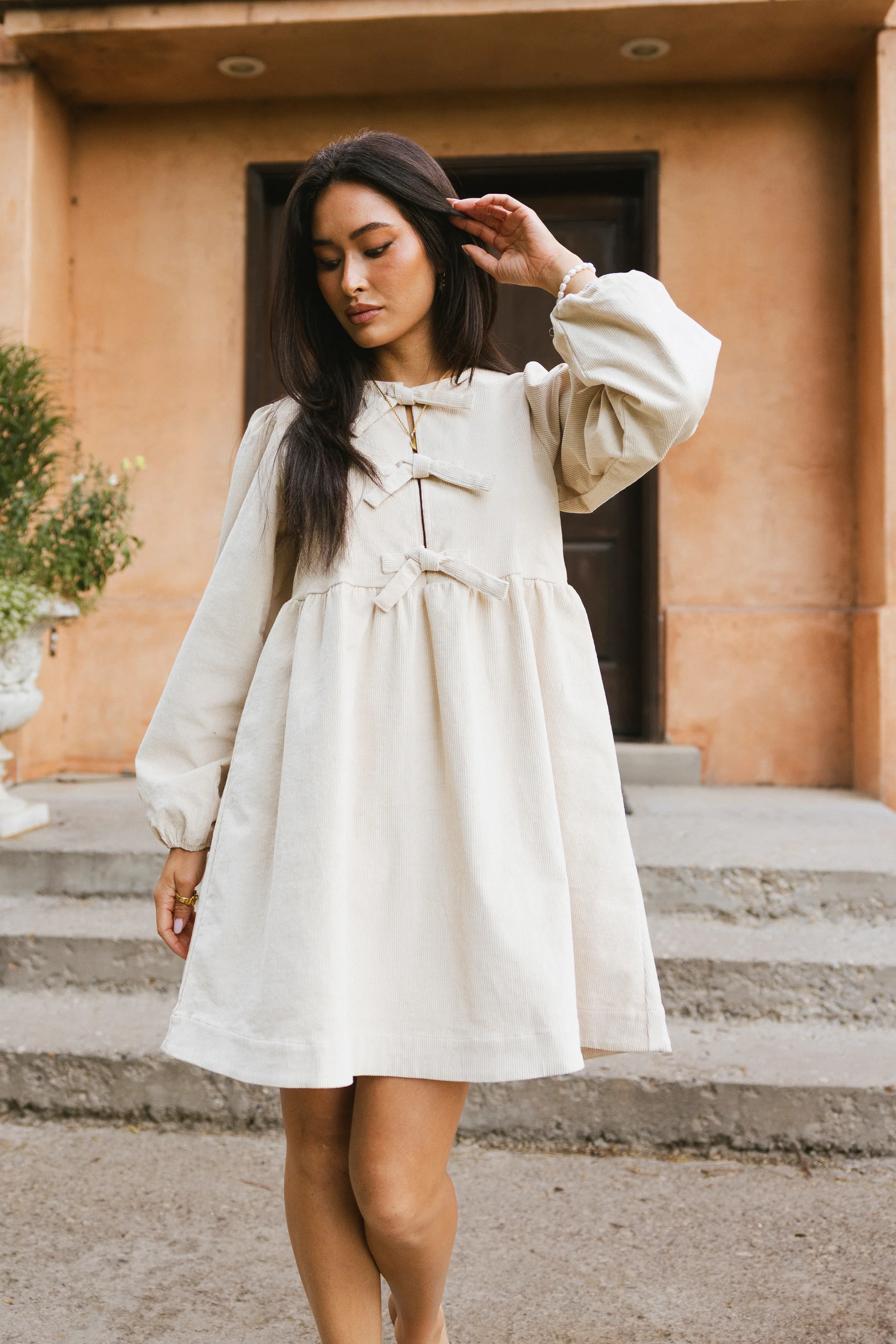 Tyler Peplum Mini Dress in Ivory Corduroy - FINAL SALE - Image 3
