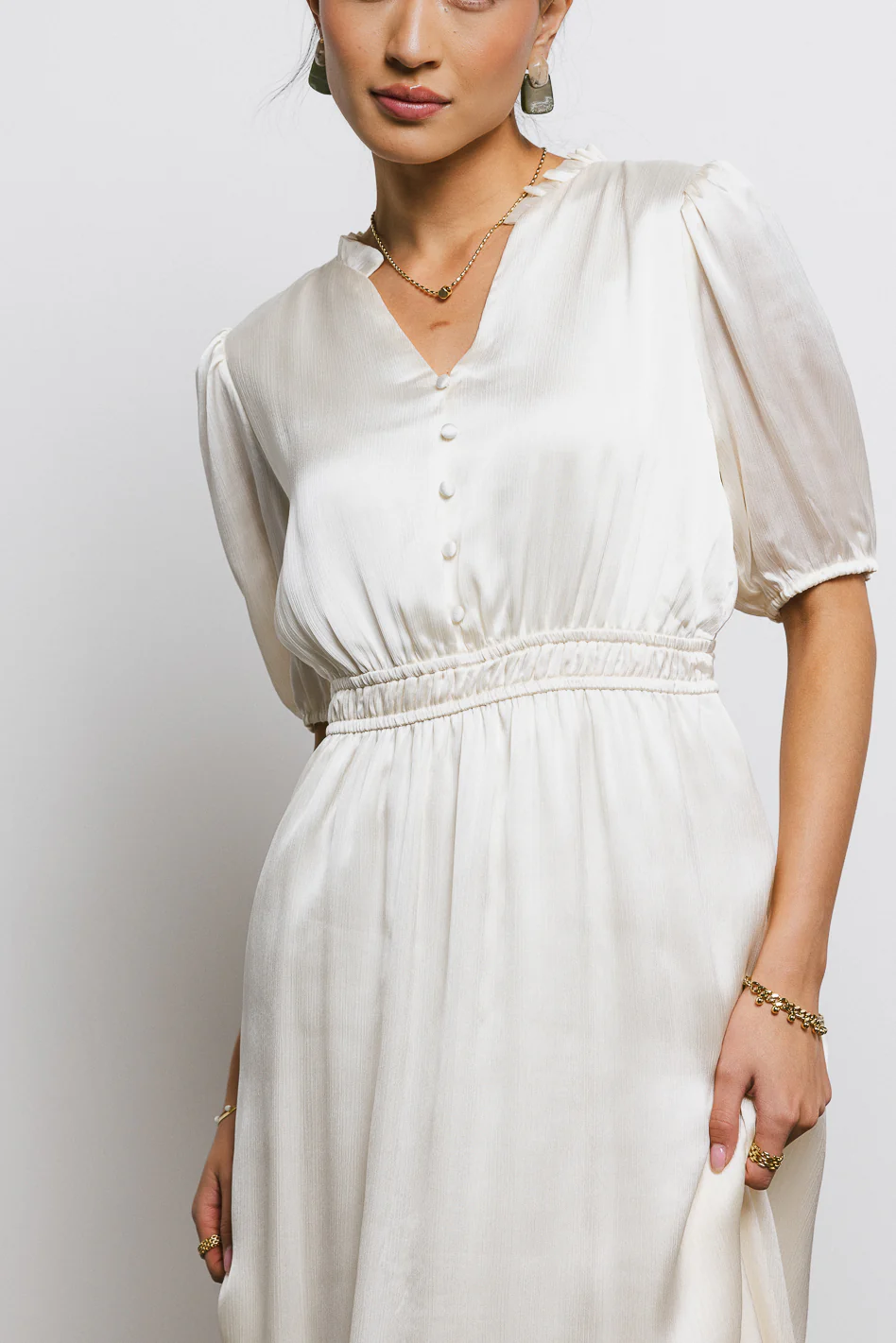 V-Neck Satin Midi Dress in Cream - Image 3