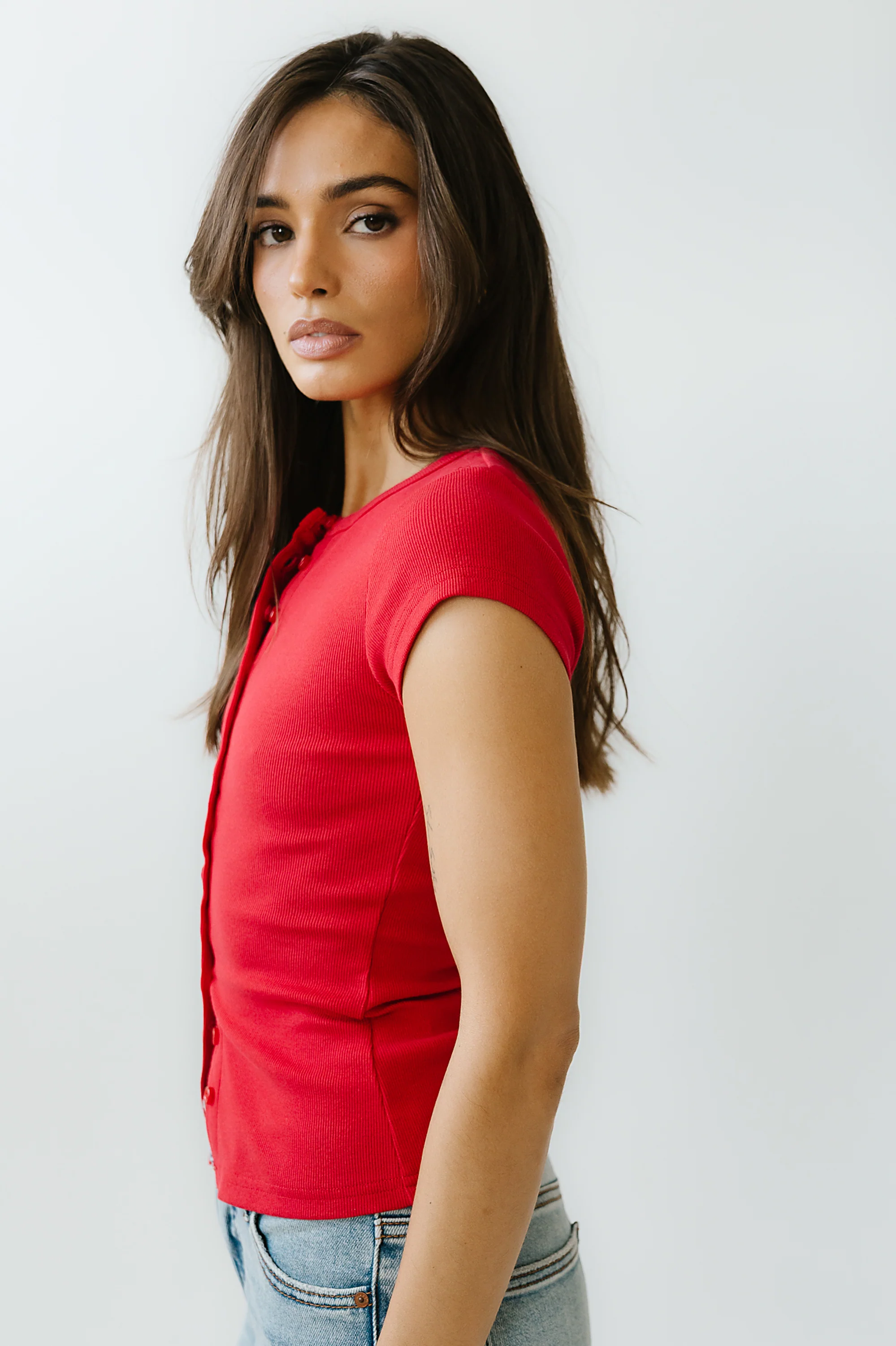 Vestia Button Up Tee in Red - Image 4