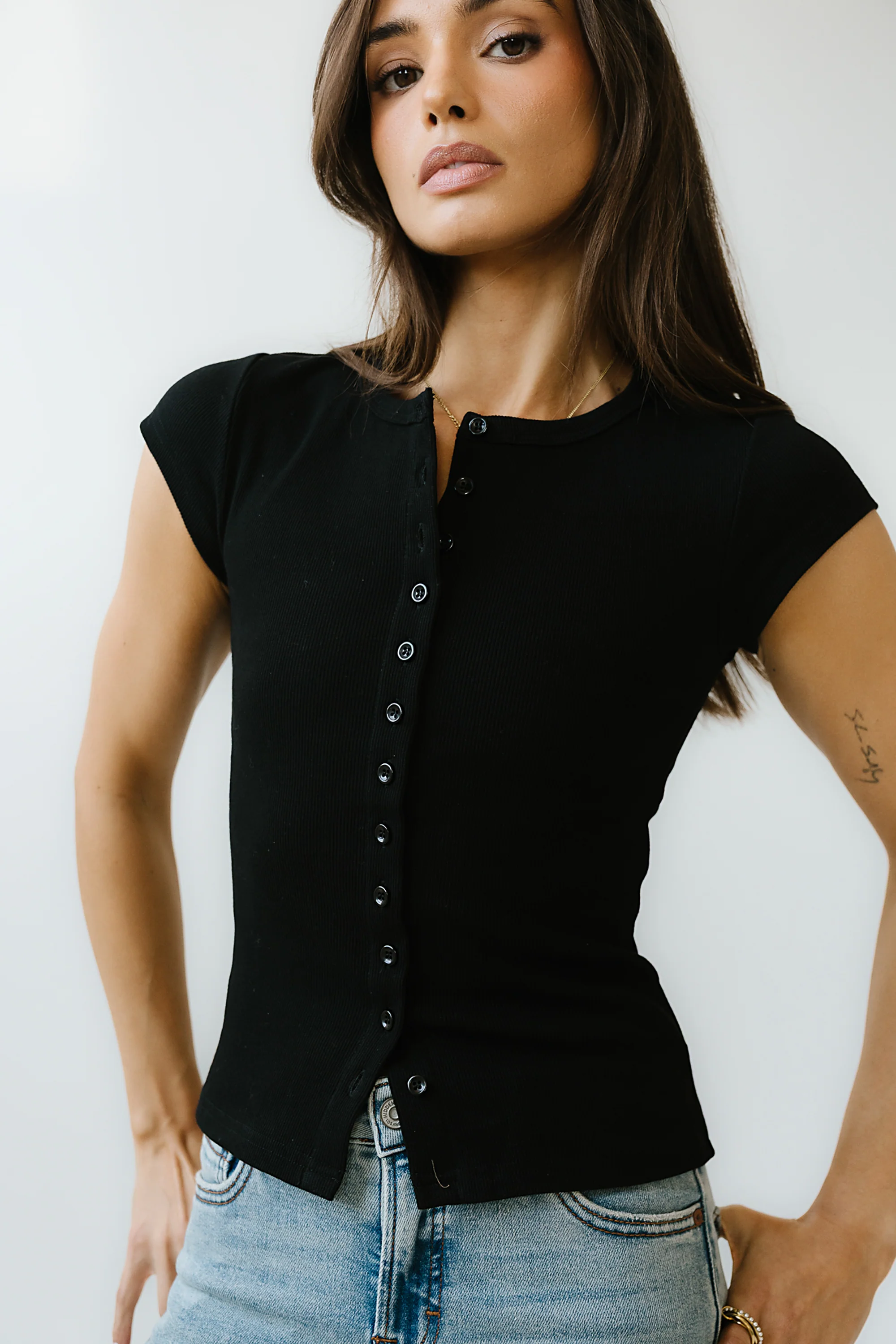 Vestia Button Up Tee in Black - Image 2