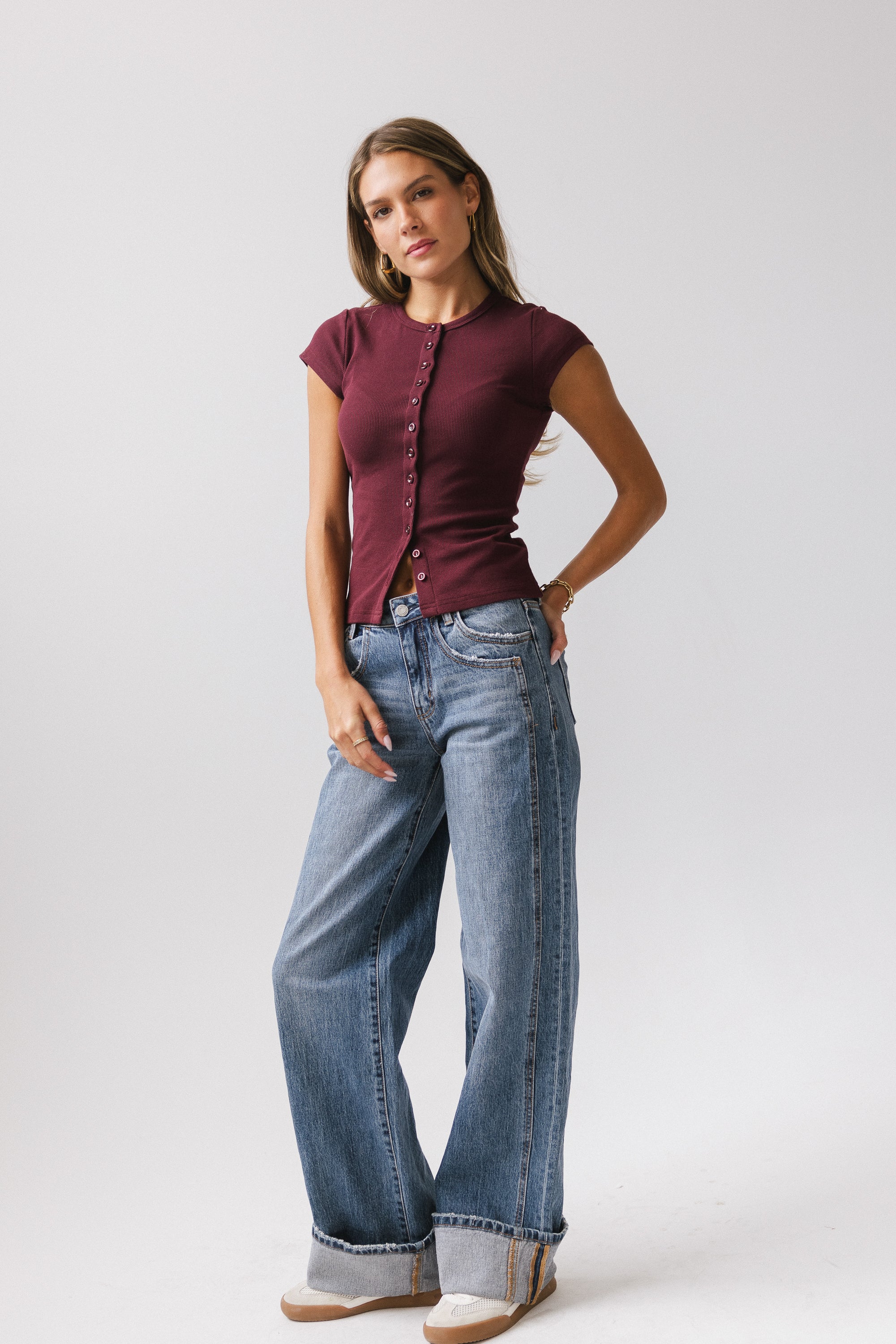 Vestia Button Up Tee in Burgundy - Image 5
