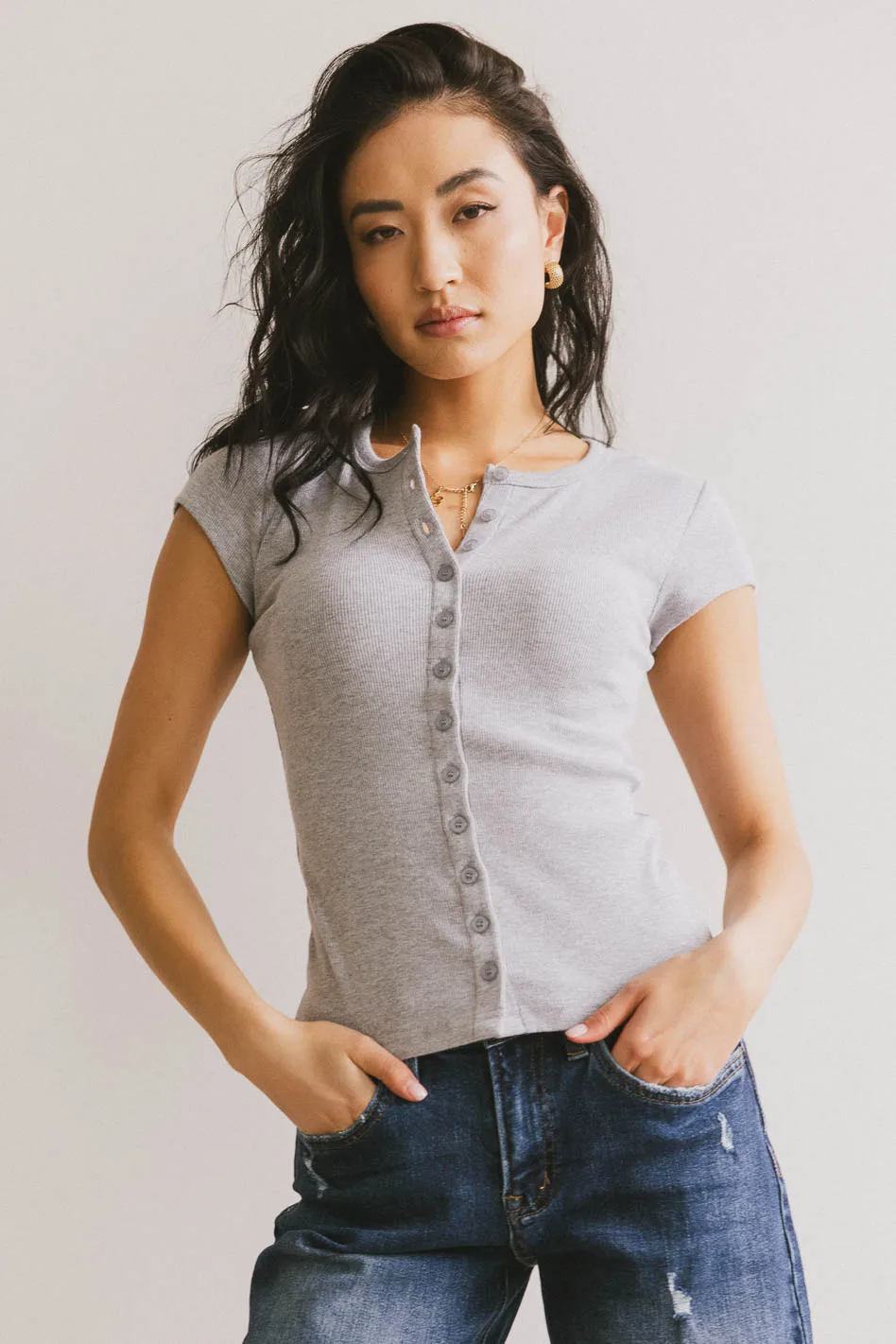 Vestia Button Up Tee in Grey - Image 5