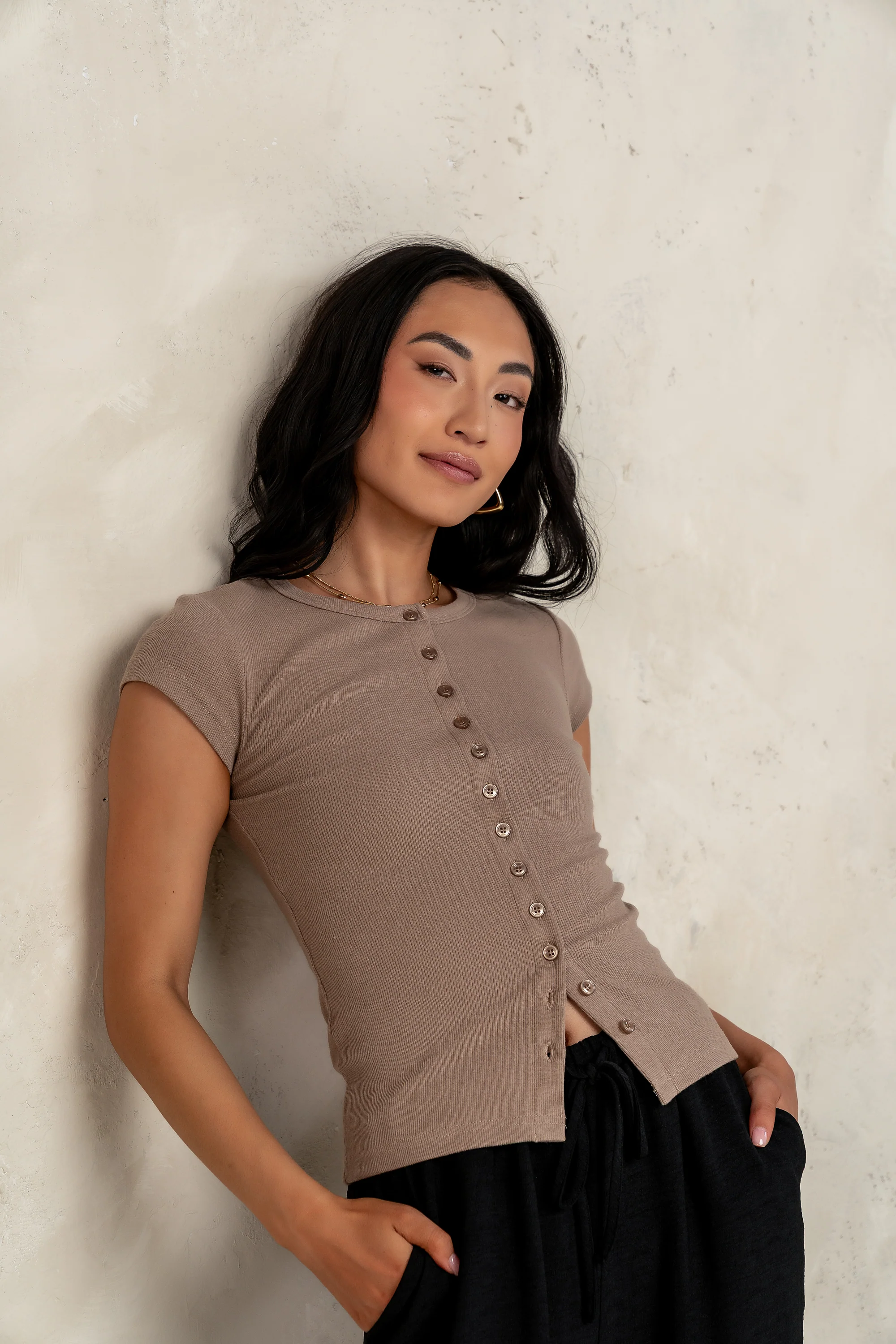 Vestia Button Up Tee in Taupe - Image 5