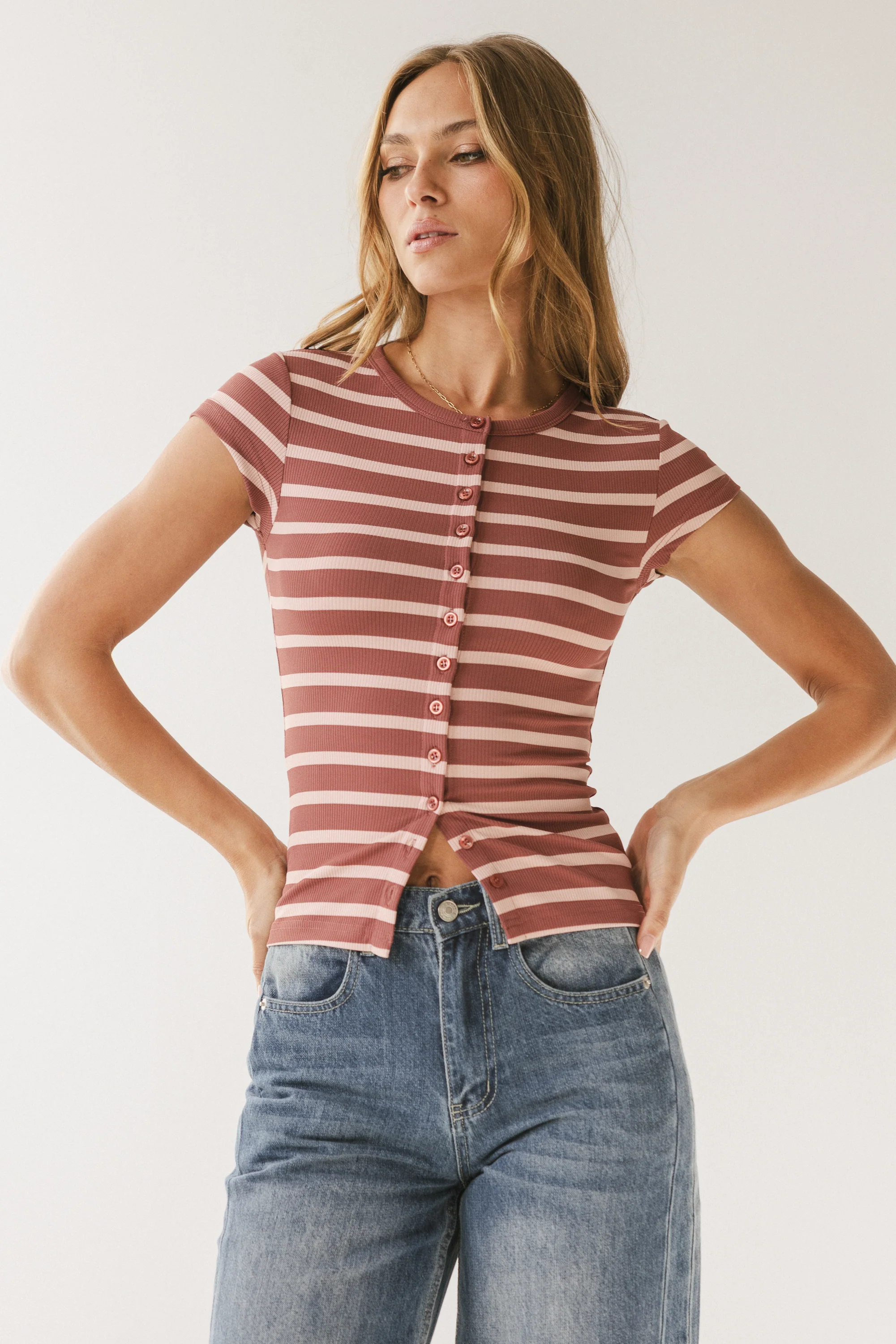 Vestia Striped Button Up Tee in Pink - Image 3