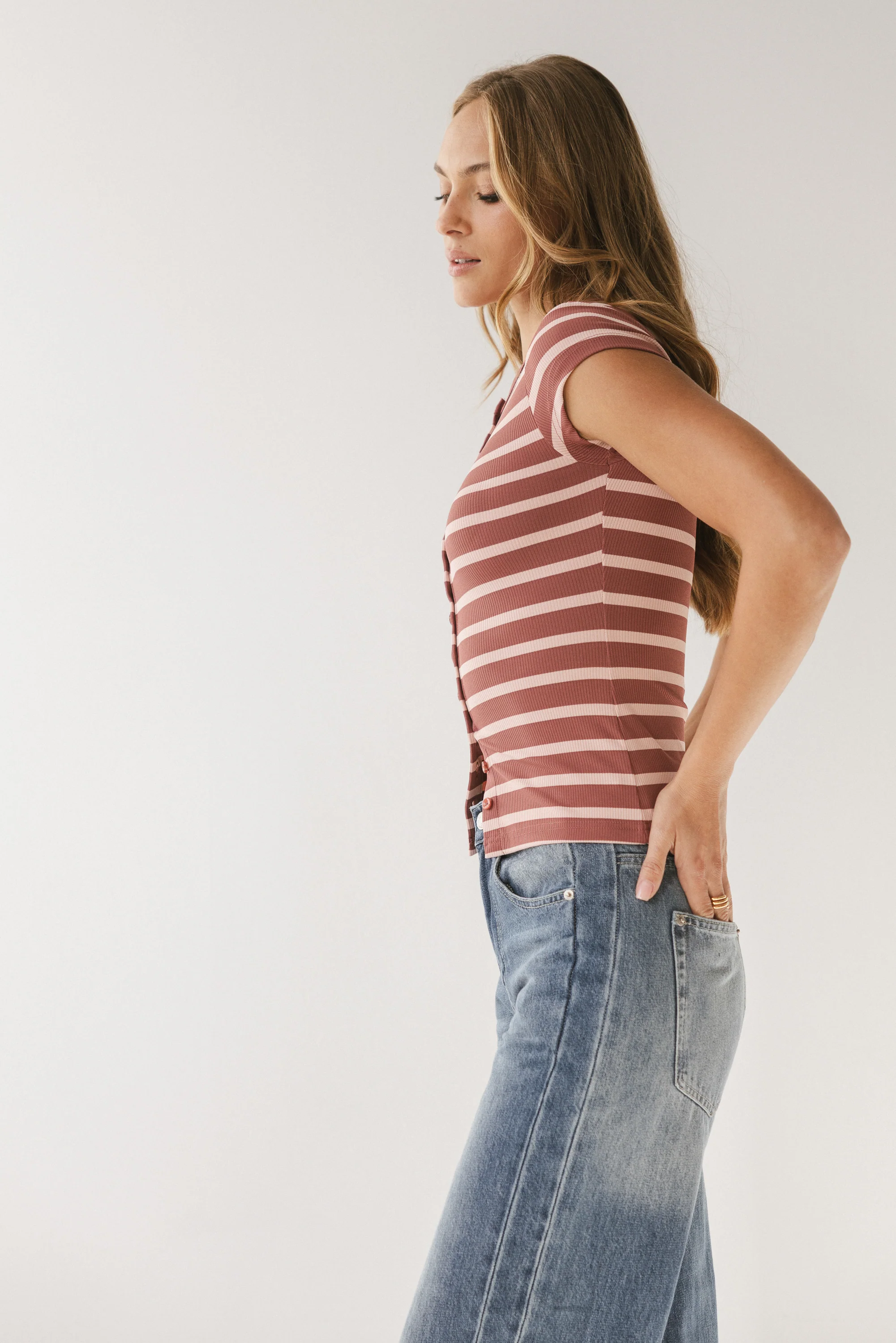 Vestia Striped Button Up Tee in Pink - Image 4