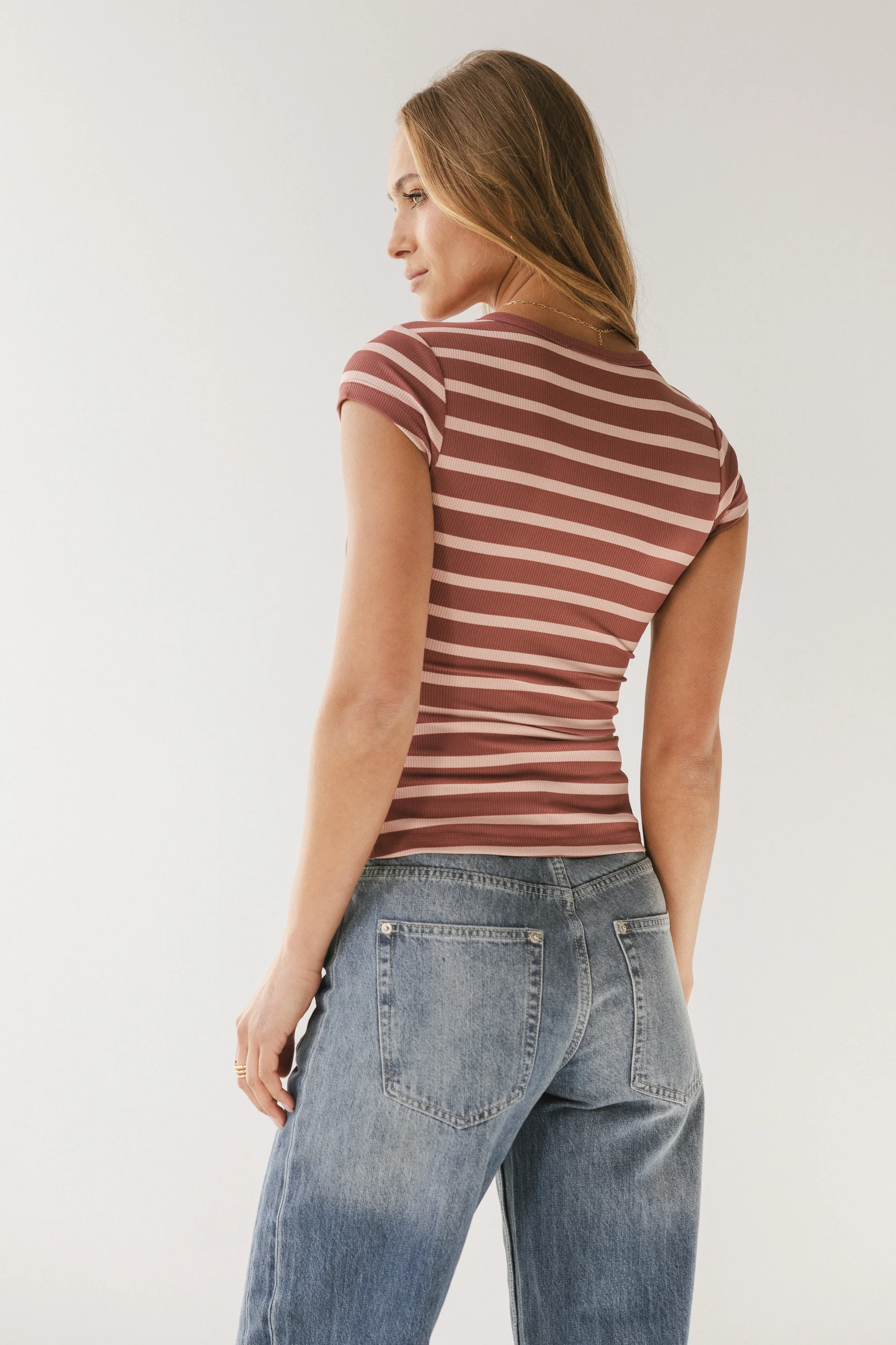 Vestia Striped Button Up Tee in Pink - Image 5