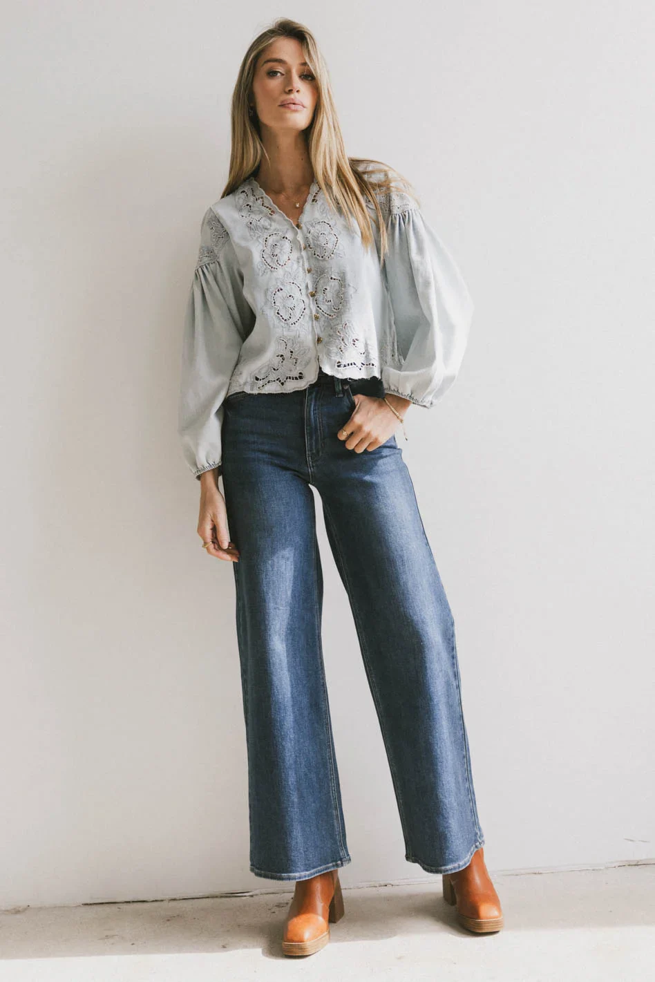 Violet Embroidered Blouse in Denim - Image 3