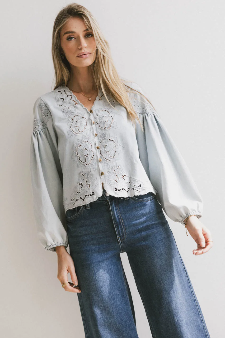 Violet Embroidered Blouse in Denim - Image 4