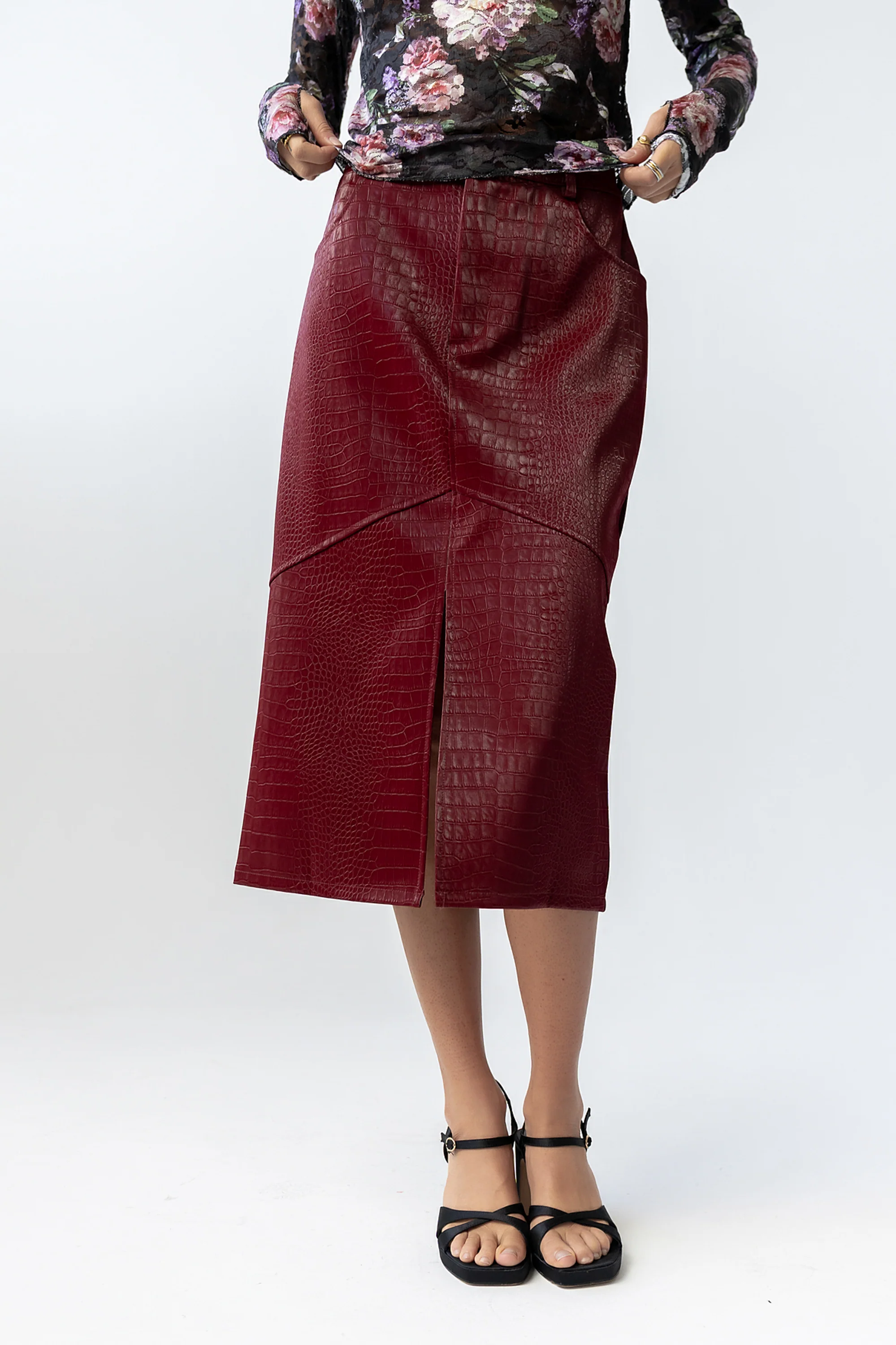 Walter Vegan Leather Midi Skirt in Wine - Image 2