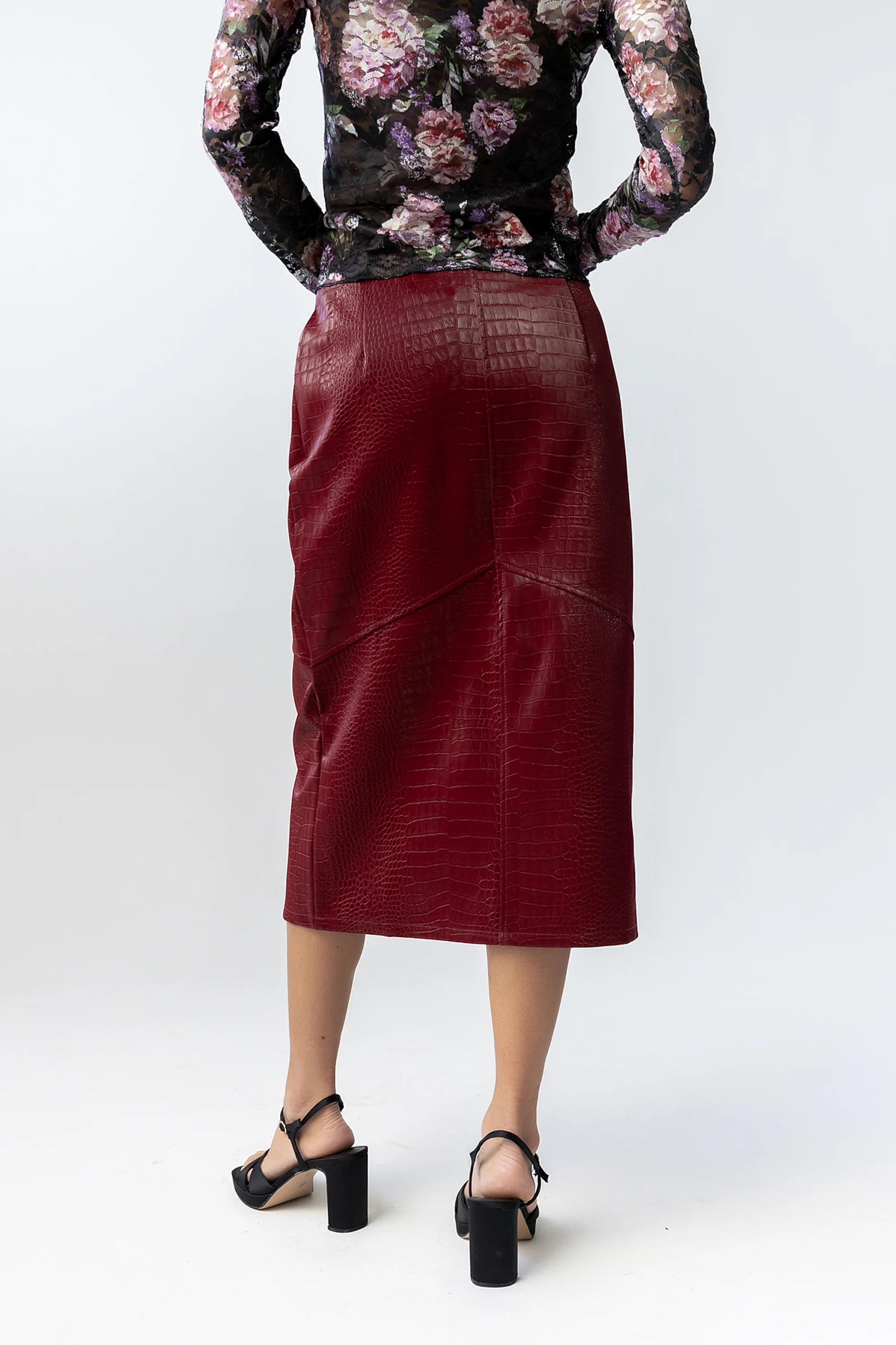 Walter Vegan Leather Midi Skirt in Wine - Image 3