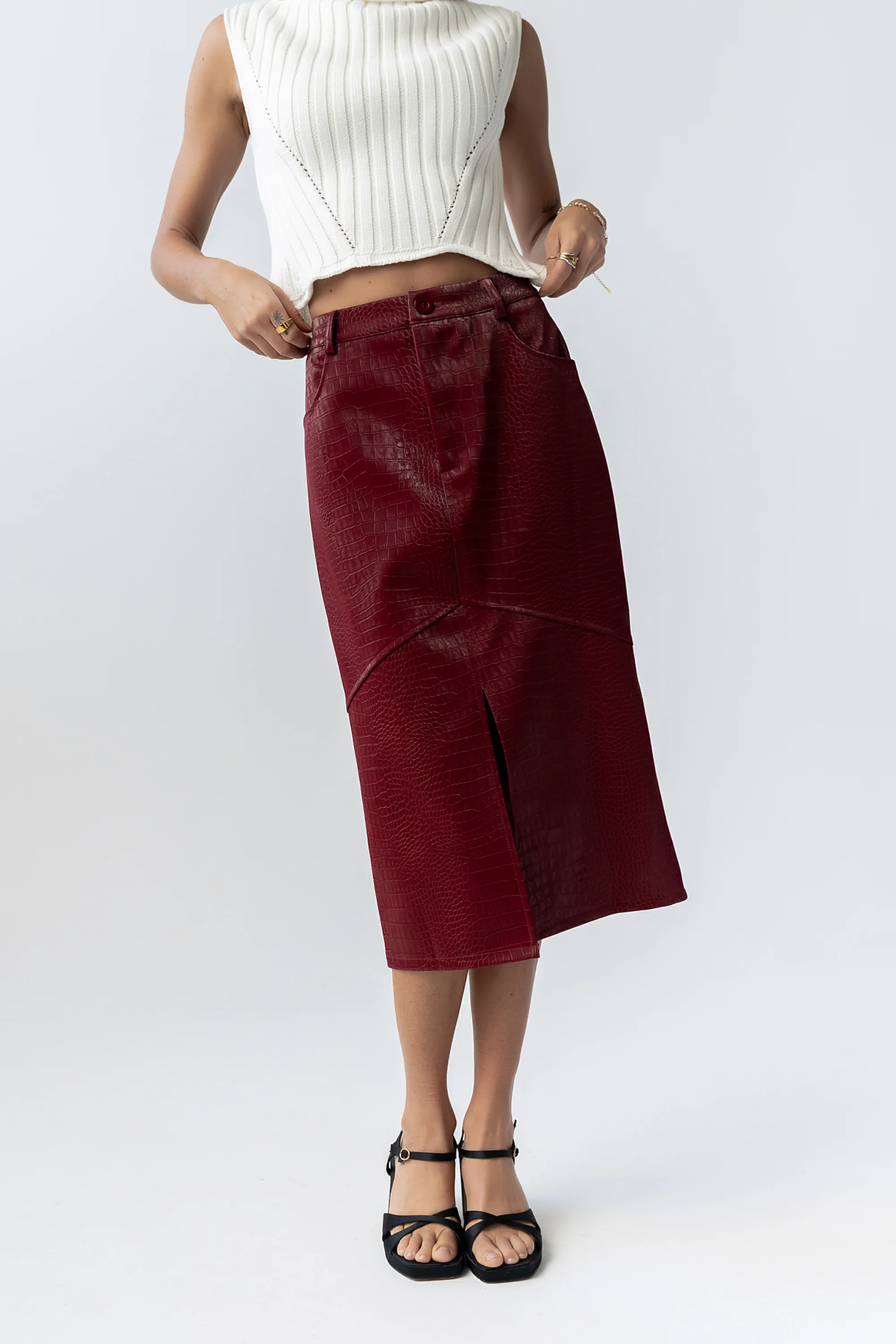 Walter Vegan Leather Midi Skirt in Wine - Image 5