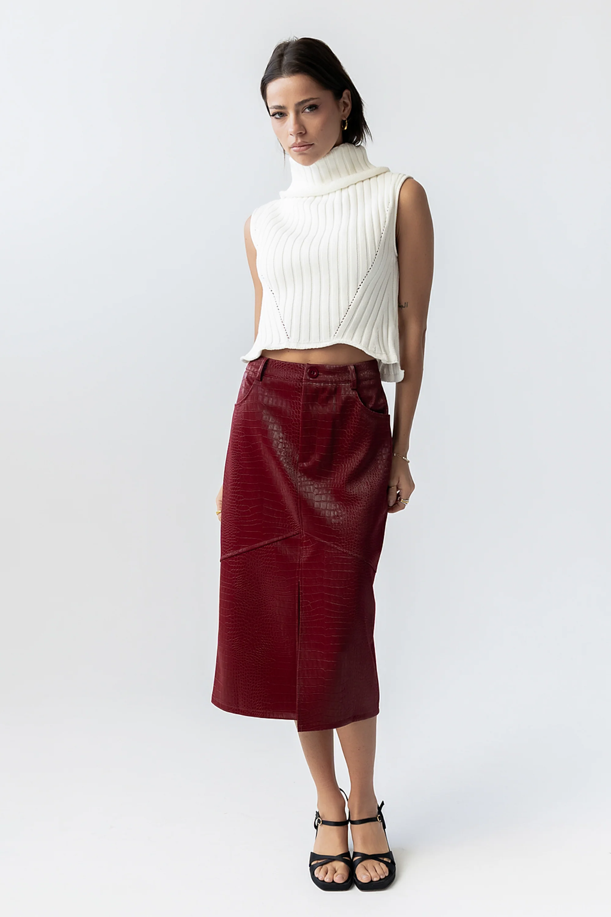 Walter Vegan Leather Midi Skirt in Wine - Image 6