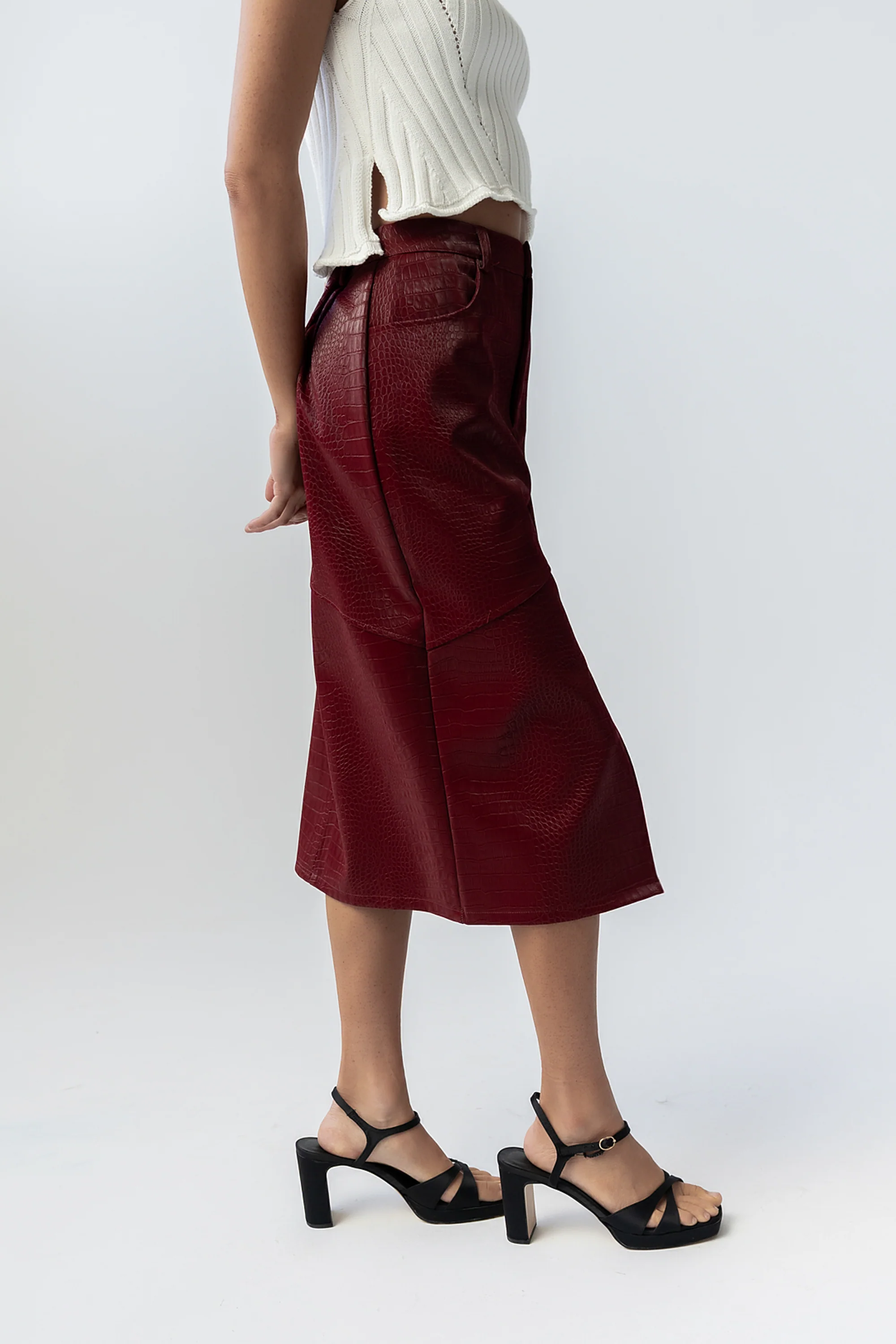 Walter Vegan Leather Midi Skirt in Wine - Image 7