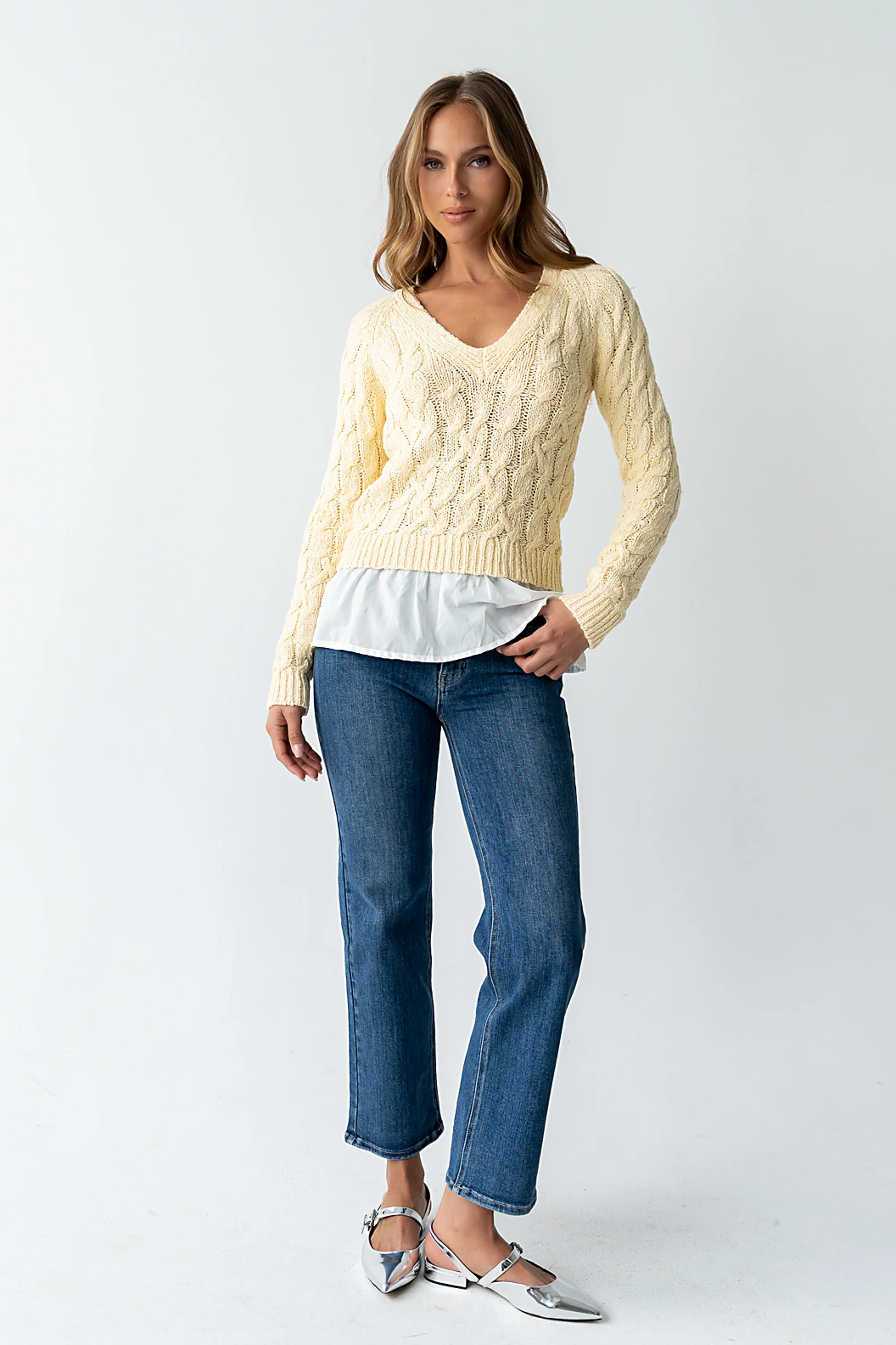 Zeke Cable Knit Sweater in Yellow - Image 2