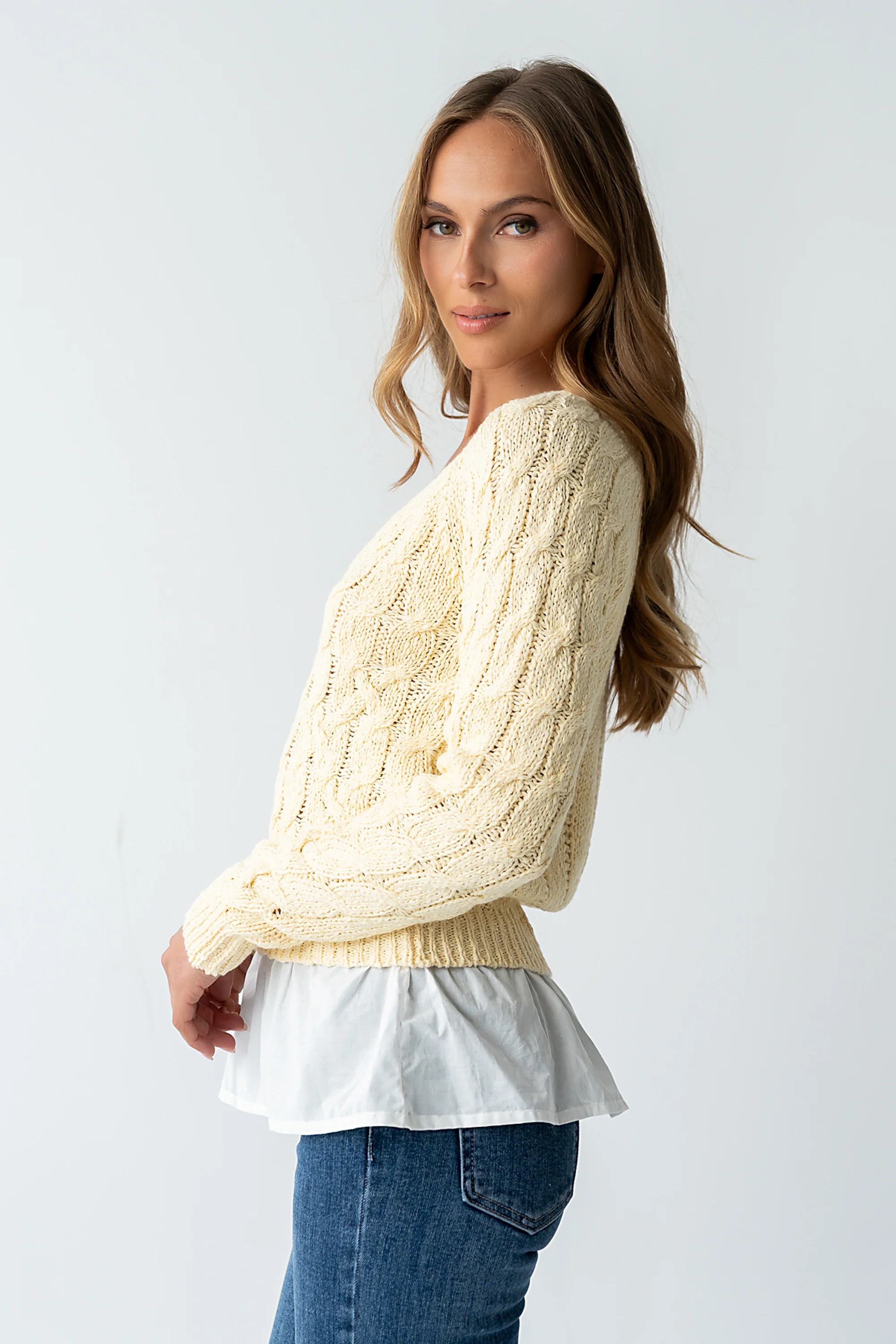 Zeke Cable Knit Sweater in Yellow - Image 3