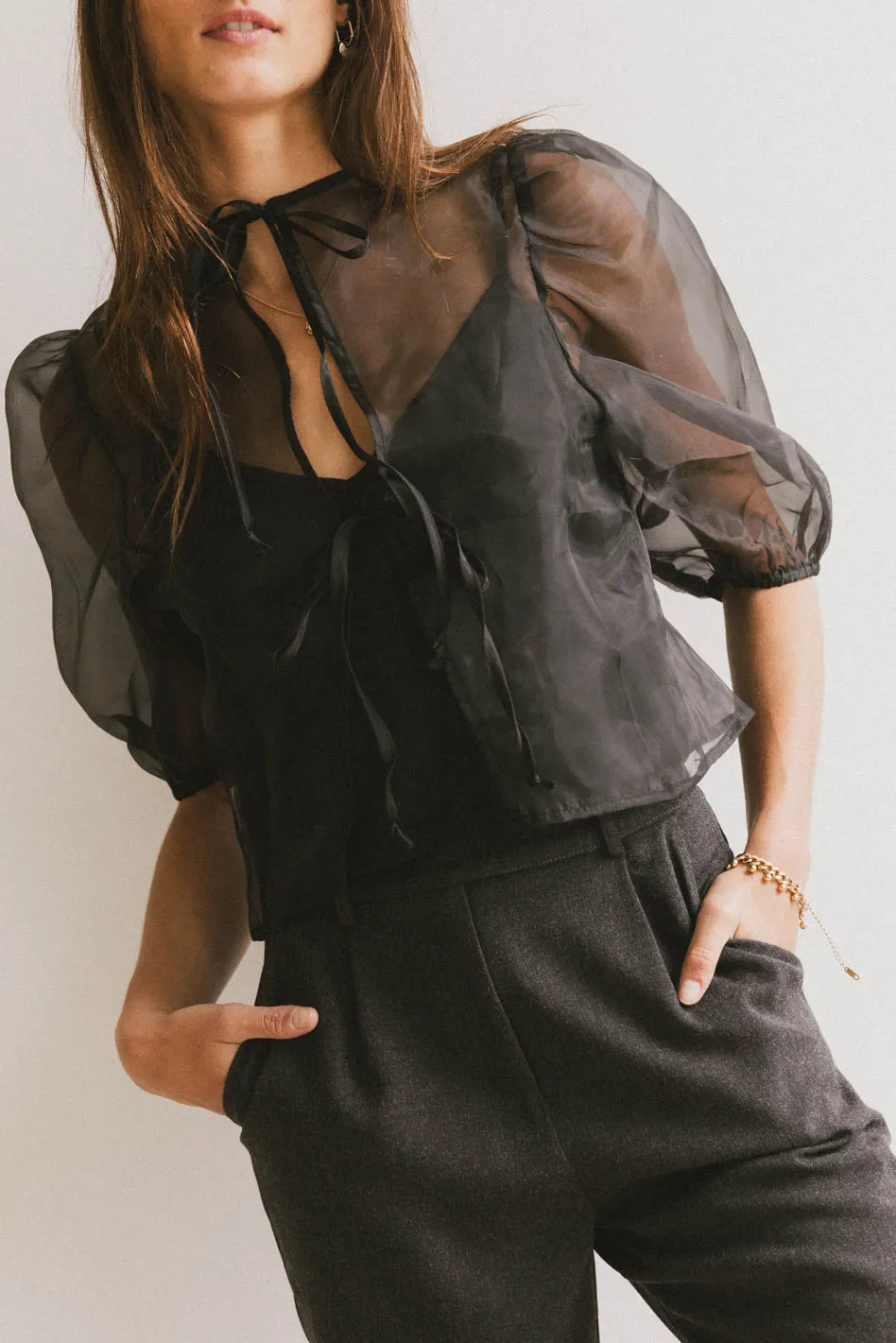 Zuri Sheer Tie Blouse in Black - FINAL SALE - Image 2